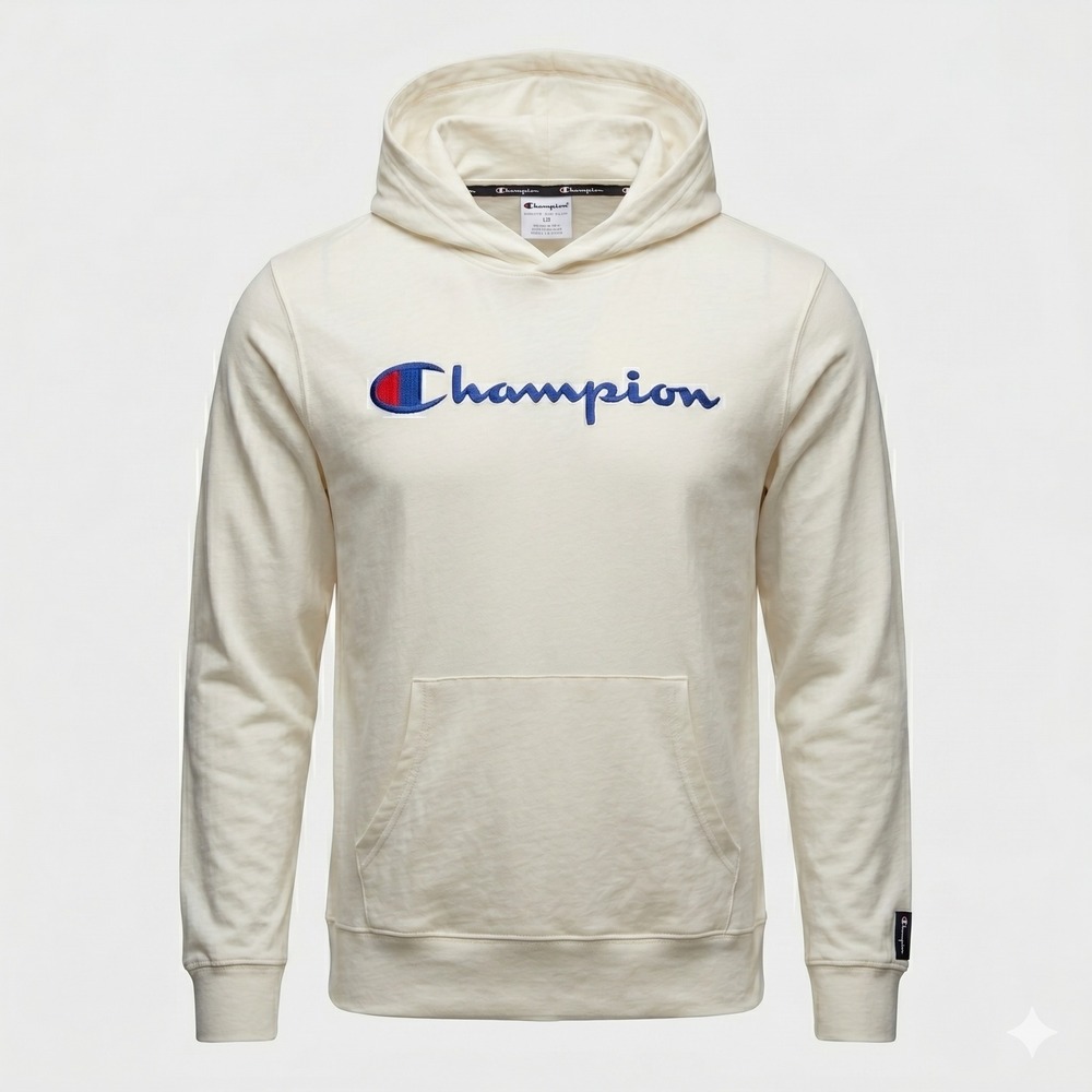Champion Mens White Long Sleeve Hooded T-Shirt Script Logo XL Authentic Hoodie